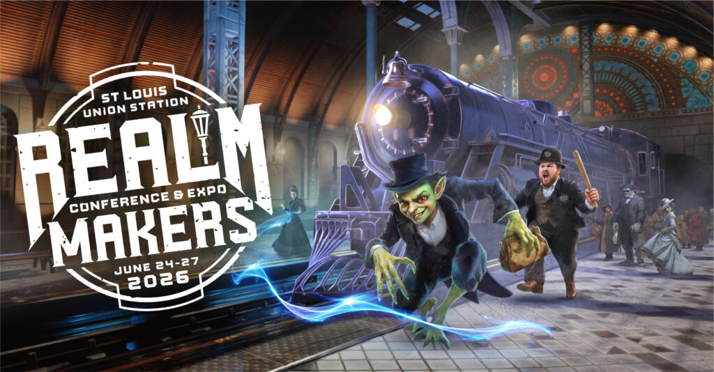 St Louis, Union Station. Realm Makers Conference and Expo, June 24 to 27, 2026. Illustration of gremlin being chased by cop in a train station with steampunk vibes.